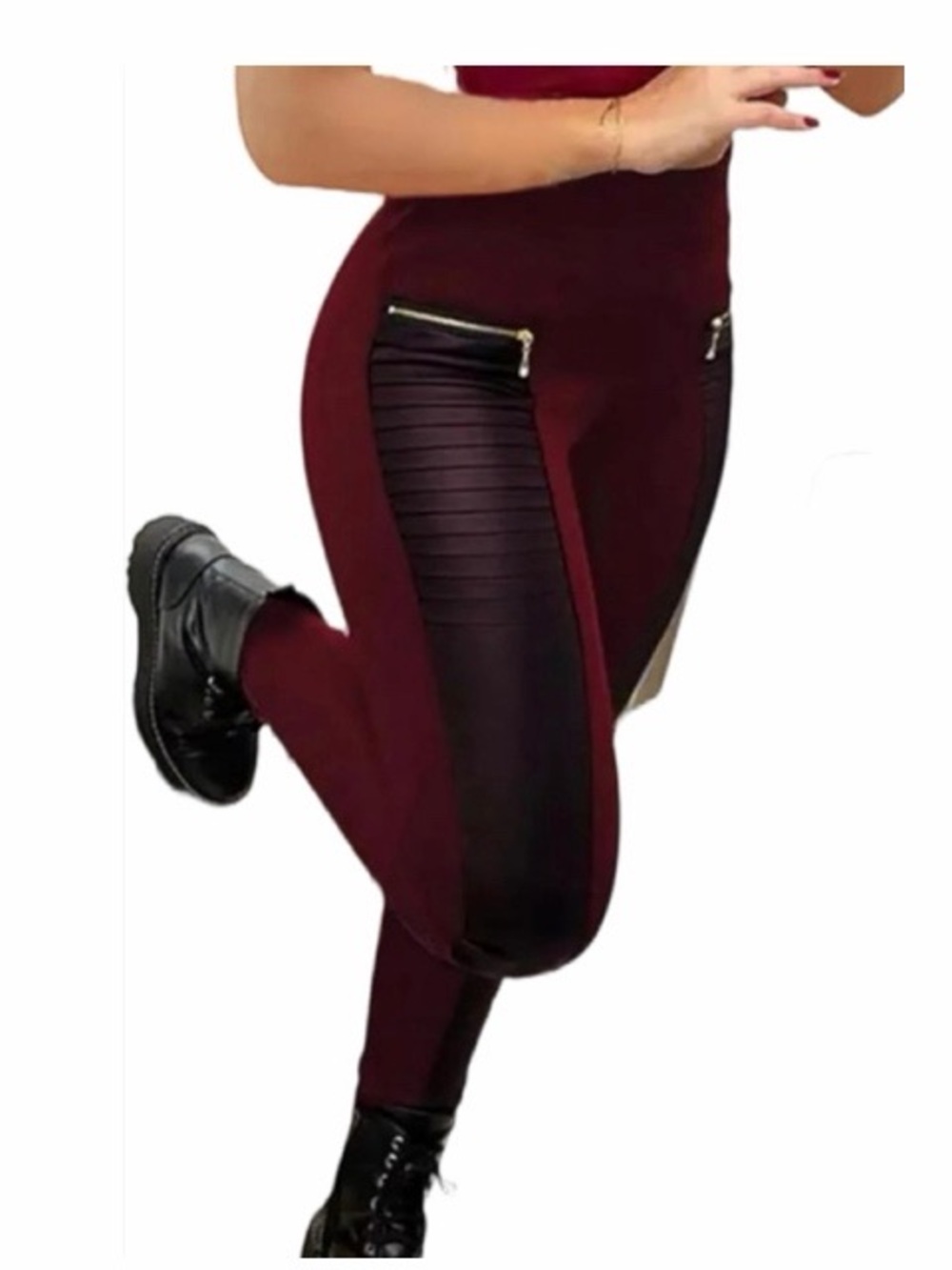 Flamingals High-Rise Burgundy Faux Leather Moto Panel Leggings NWT